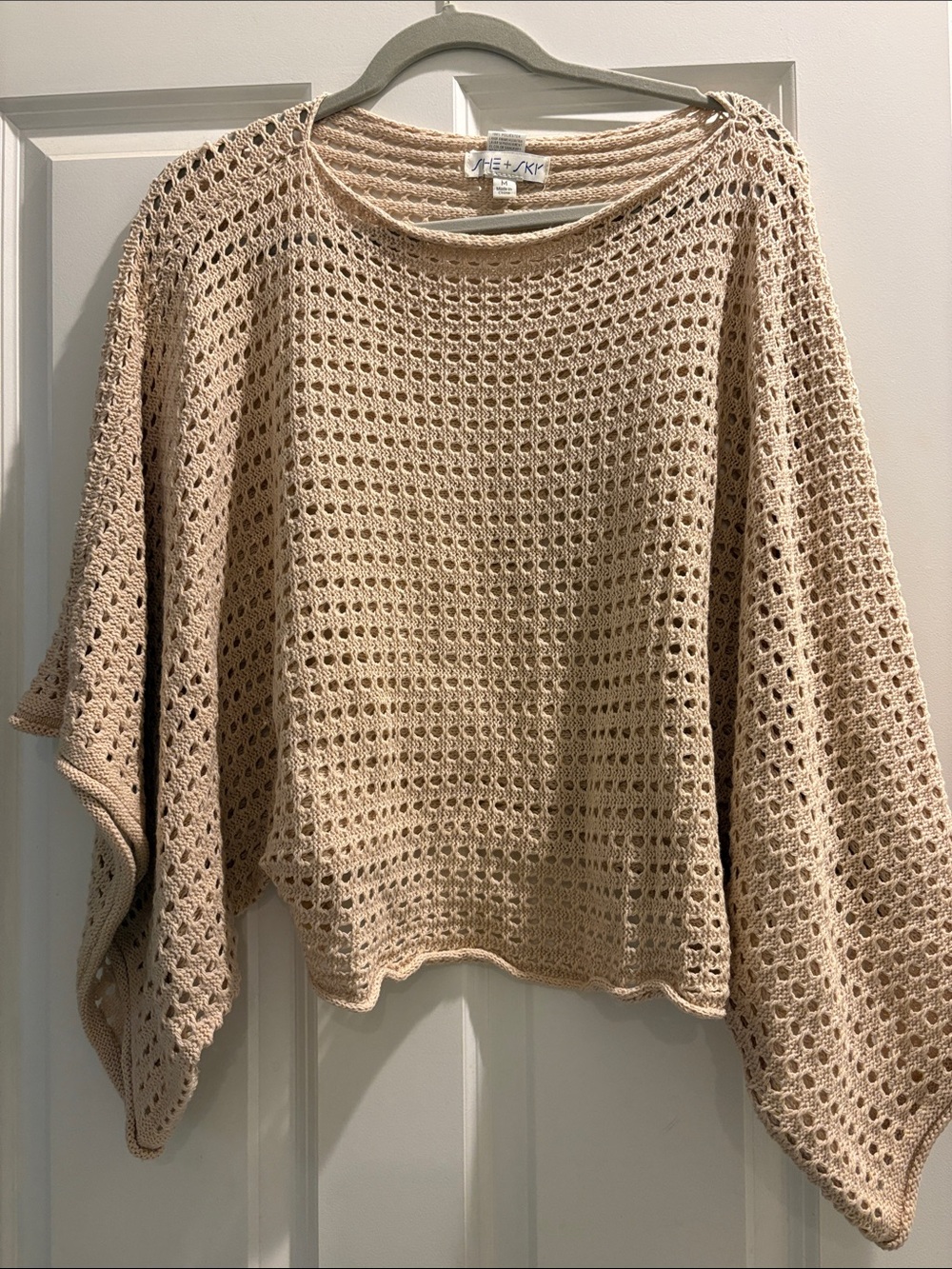 She + Sky Open-Knit Beige Poncho Sweater